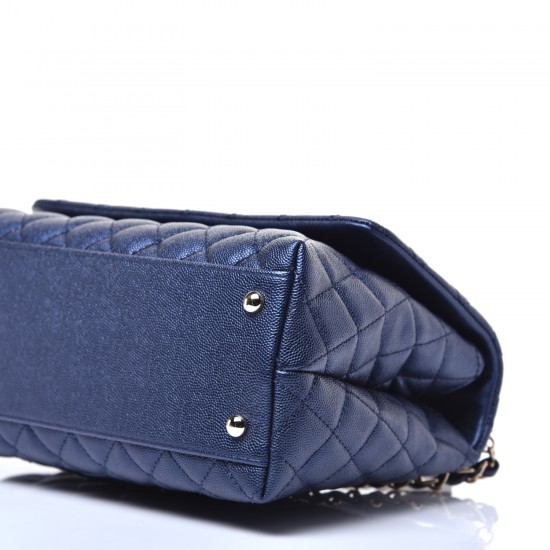 CHANEL Iridescent Caviar Quilted Small Coco Handle Flap Dark Blue