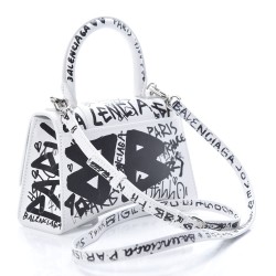 BALENCIAGA Calfskin Graffiti Hourglass Top Handle Bag XS White Black