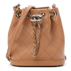 1CHANEL Calfskin Stitched Chain Bucket Bag Camel