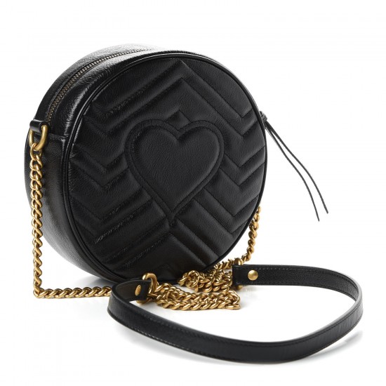 GUCCI Calfskin Matelasse Mini GG Marmont Round Shoulder Bag Black