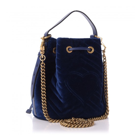 GUCCI Velvet Matelasse GG Marmont Bucket Bag Cobalt Blue