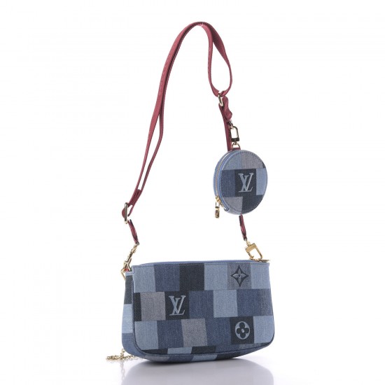 Louis Vuitton LV Denim Damier Monogram Patchwork Multi Pochette Accessories Blue Rouge