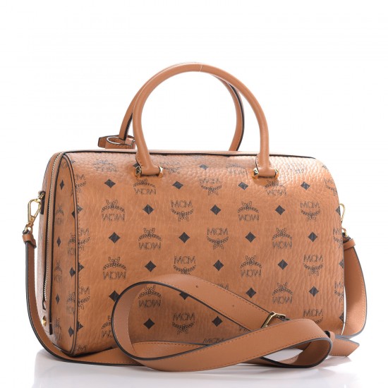 MCM Visetos Medium Boston Bag Cognac