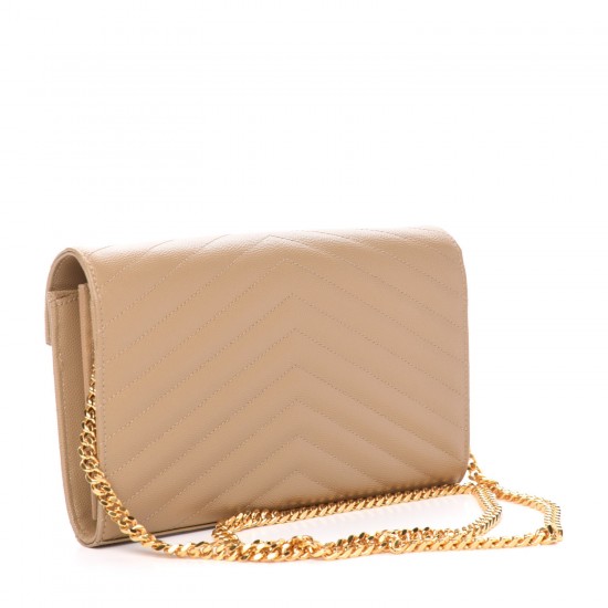 YSL Grain De Poudre Matelasse Chevron Monogram Chain Wallet Deep Beige