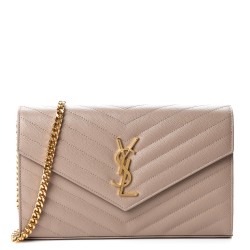 YSL Grain De Poudre Matelasse Chevron Monogram Walllet on Chain Dark Beige