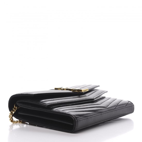 YSL Lambskin Matelasse Chevron Monogram Sulpice Chain Wallet Black