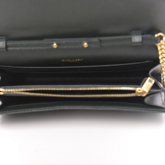 YSL Grain De Poudre Matelasse Chevron Monogram Chain Wallet Dark Green