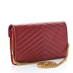 YSL Grain De Poudre Matelasse Chevron Monogram Envelope Chain Wallet Red