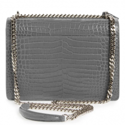 YSL Calfskin Crocodile Embossed Monogram Sunset Chain Wallet Marble gray